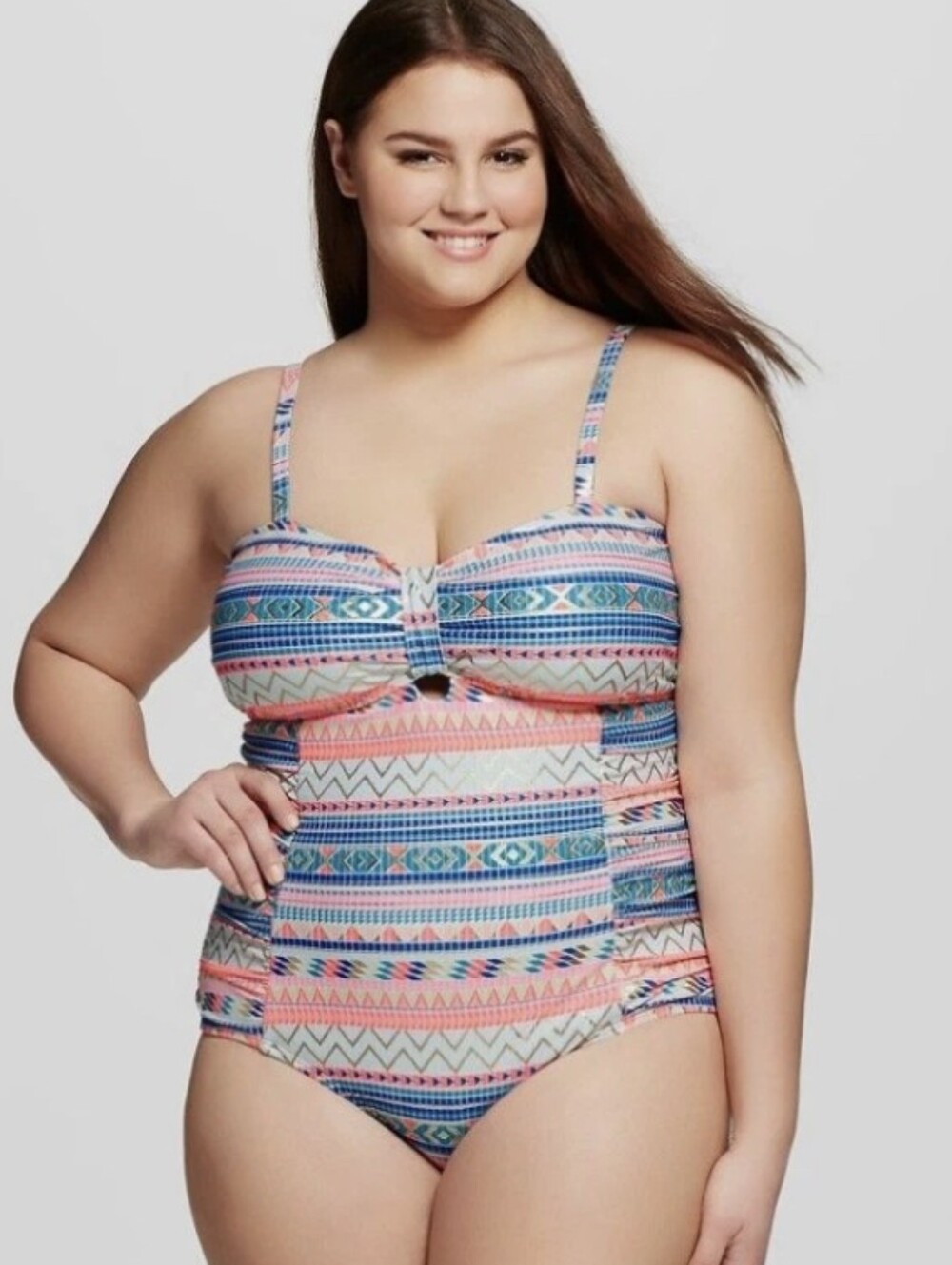Plus-Size Tribal Stripe One-Piece Swimsuit in Blue and Pink